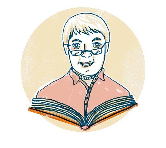 Die Illustration zeigt eine Frau mit kurzen Haaren und einer Brille. Vor ihr liegt ein aufgeschlagenes Buch. Die Frau soll Marlies Winkelheide, Gründerin der Geschwisterkinderbücherei, darstellen.